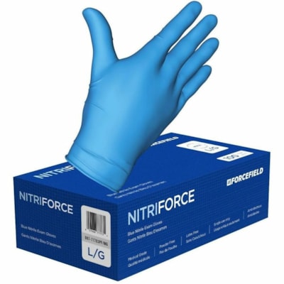 Gants d'examen NitriForce - Jetable - Sans poudre Forcefield - épaisseur de gant 5 mil (0.13 mm) - Large Taille - Mâle - Pour Main droite / gauche - Nitrile - Bleu - Sans latex, Bouts des doigts texturés - Pour Éxamination - 1000 / Étui CLASS 2 MEDICAL GRADE 100/BX LATEX AND POWDER FREE