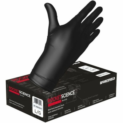 Gants de travail Rocket Science - Jetable - Sans poudre Forcefield - épaisseur de gant 8 mil (0,20 mm) x longueur de gant 12 po (304,80 mm) - Large Taille - Nitrile - Noir - Résistants, Sans latex, Résistants - Pour Travail mécanique, Entretien/Nettoyage, Nettoyage, Bande ROCKET SCIENCE  12" LENGTH 50/BOX LATEX FREE