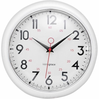 Kiera Grace Wall Clock - Quartz - White Main Dial - White Case - Chrome - Retro Style CHROME BEZEL AND CONVEX GLASS 2.5" DEEP