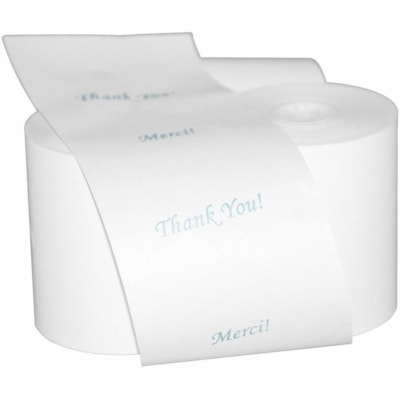 Mcdermid Paper Converters Thank You/Merci Thermal Cash Roll Kit, 3 1/8" x 225' - 3 1/8" (79.38 mm) x 225 ft (68.58 m) - 55 g/m² Grammage - Pre-printed - White, Blue - 1 / Unit THANK YOU & MERCI 12/CT + 1 CLEANING CARD 3" DIAMETER