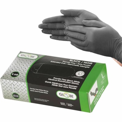 Globe Nitrile Examination Glove - 5 mil (0.13 mm) Thickness x 9.25" (235 mm) Glove Length - Allergy Protection - Large Size - For Right/Left Hand - Nitrile - Black - Powder-free, Disposable, Non-sterile, Latex-free, Fatigue-free, Textured Fingertip, Comfortable, Durable, Allergen-free, High Tactile  POWDER FREE   5 MIL BOX OF 100