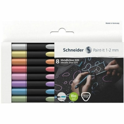 Schneider - Marqueur de peinture Paint-It - 2 mm (0,08 po) Ogive, 1 mm (0,04 po) Pointe de marqueur - Ink Métallique vintage rouge, Rose, Argent métallisé, Cuivre métallique, Or métal - Liquide - Barrel Noir Bioplastique - 8 / emballage LARGEUR DE TRAIT : 1-2 MM ÉTUI  8 COULEURS VARIÉES