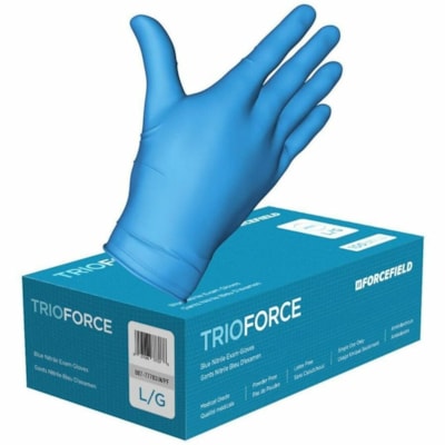 Forcefield TrioForce Examination Gloves - 4 mil (0.10 mm) Thickness - Bacteria, Microorganism Protection - X-Large Size - Nitrile - Blue - Disposable, Latex-free, Powder-free, Anti-bacterial, Chemical Resistant - For Medical, Examination, Healthcare - 1000 Case CLASS 2 MG 100/BOX LATEX FREE  POWDER FREE