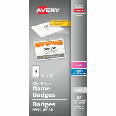 Avery Garment-Friendly Clip-Style Name Badge Kit, White, 4" x 3" , 24/BX - 3" (76.20 mm) Width x 4" (101.60 mm) Height - Insertable, Reusable, PVC-free, Durable, Swivel - Clear, White - 24 / Box 24/BX - 8 SHTS/BX  3/SHT 