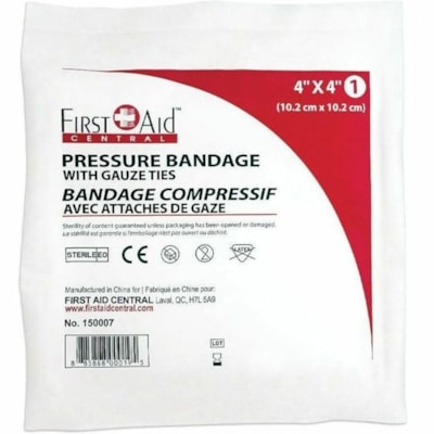First Aid Central Compress Pressure Bandage with Ties (4" x 4") - 4" (101.60 mm) Width x 4" (101.60 mm) Length - 1 / Unit 10.2 CM X 10.2 CM (4" X4") 1 PER BAG - REFILL COMPONENT