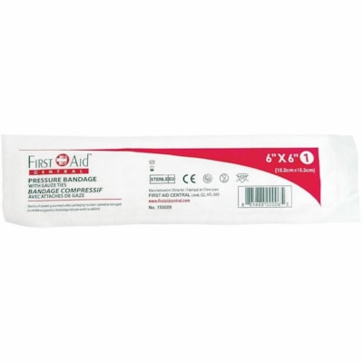 First Aid Central Compress Pressure Bandage with Ties (6" x 6") - 6" (152.40 mm) Width x 6" (152.40 mm) Length - 1 / Unit 15.2CM X 15.2CM (6" X 6") 1 PER BOX - REFILL COMPONENT