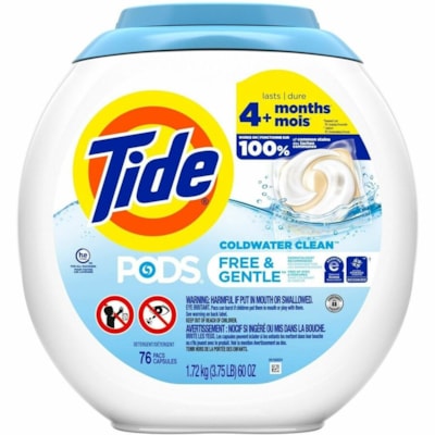 Tide Free & Gentle Laundry Detergent - For Household, Washing Machine - Liquid, Pod - 76 - Hypoallergenic, Dye-free, Color Safe, Unscented 76 PODS PER PACK 