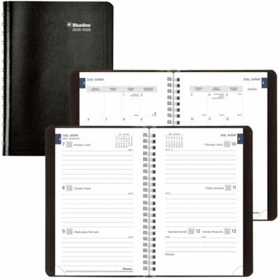 Blueline 2025-2026 13-Month Weekly/Monthly Academic Planner - July to July - 8" x 5" - Black - Bilingual - Academic - Weekly, Monthly - 13 Month - July 2025 to July 2026 - 1 Week Double Page Layout - 5" (127 mm) x 8" (203.20 mm) Sheet Size - Twin Wire - Black - Paper - Vicuana Cover - Holiday Listin  