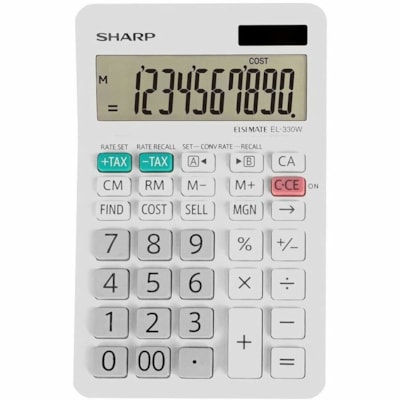 Sharp EL330W Twin Power XL 10-digit Display - 4-Key Memory, Dual Power, Plastic Key, Durable, Auto Power Off - 1 Line(s) - 10 Digits - LCD - Battery/Solar Powered - Battery Included - LR44 - 1.1" (27.94 mm) Height x 6" (152.40 mm) Width x 3.9" (99.06 mm) Depth - White - Desktop DUAL PWR TAX/CST/SELL/MAR KEYS 4 KEY MEM WITH CONVERSION FUNC