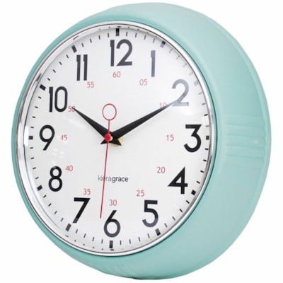 Kiera Grace Wall Clock - White Main Dial - Seafoam Case - Retro Style BEZEL CONVEX GLASS LENS-GREEN COLOUR TRAY BOX