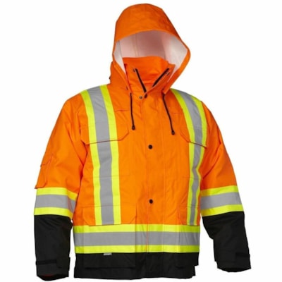 Forcefield 4-in-1 Hi Vis Orange Safety Parka, Large - Large - Zipper Closure - Polyester - Orange - Water Resistant, Wind Proof, Heavy Duty, Tear Resistant, Storm Flap, Drawstring Hood, Front Zipper Closure - 1 / Unit  