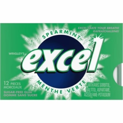 Wrigley Excel Sugar-Free Spearmint Chewing Gum, 12 Pieces/PK, 12/BX - Spearmint - Sugar-free - 12 Pack - 12 / Box  