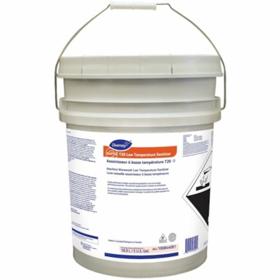 Suma T20 Low Temperature Sanitizer - For Dishwasher - Concentrate - Liquid - 18.90 L - 10 to 12.2 pH - Chlorine Scent - Kosher - Yellow - 1 / Unit 18.9L WAREWASH  AUTO DOSE 
