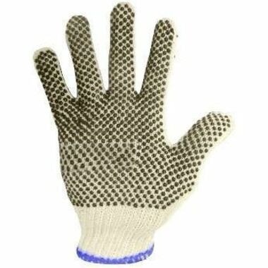 RONCO Care String Knit Gloves - 10.43" (265 mm) Glove Length - Polyvinyl Chloride (PVC) Coating - 10 Size Number - X-Large Size - For Right/Left Hand - Polyester Cotton - Natural, Blue - Grip Dots, Comfortable, Food Safe, Firm Wet Grip, Breathable, Stretchable, Machine Washable, Snug Fit - For Food  WITH PVC DOTS (ONE SIDE) 