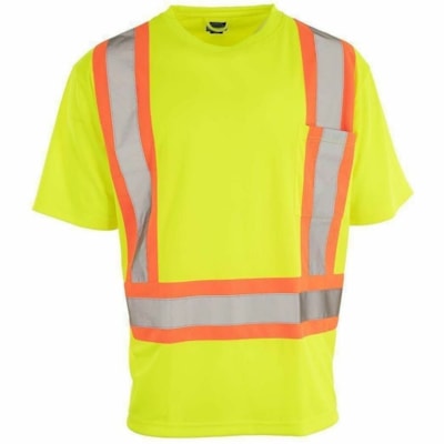 Forcefield Hi Vis Crew Neck Short Sleeve Safety T-Shirt, XL, Yellow - X-Large Size - Moisture Protection - 1 Pocket(s) - Polyester - Lime Yellow - Comfortable, Perspiration Resistant - 1 / Unit CSA Z96-15 CLASS 2 LEVEL 2 CHEST POCKET