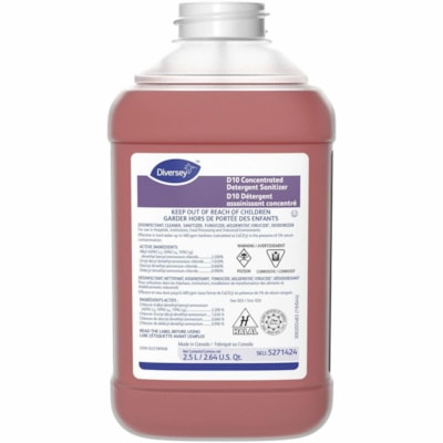 Diversey D10 Concentrated Detergent Sanitizer - For Multipurpose - Concentrate - Liquid - 2.50 L - 5.28 lb (2395.53 g) - 10 to 12.4 pH - Quaternary Scent - Kosher, Disinfectant, Virucidal, Fungicide - Purple - 2 / Unit CASE OF 2 