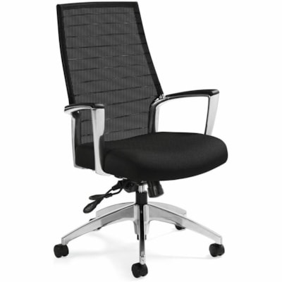 Global Accord High-Back Tilter Chair, Ebony Black Jenny Fabric Seat/Mesh Back - Fabric Seat Material - Black Back Color - Mesh Back Material - Aluminum Frame Color - High Back - Armrest GLOBAL 