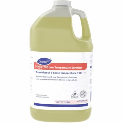 Suma T20 Low Temperature Sanitizer - For Dishwasher - Liquid - 3.70 L - 12 to 12.2 pH - Chlorine Scent - Kosher - Yellow - 4 / Unit WAREWASH  AUTO DOSE SANITIZER