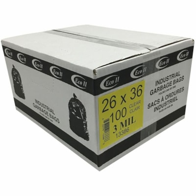 ECO II Industrial Garbage Bags, Clear, 26" x 36" , Case of 100 - 26" (660.40 mm) Width x 36" (914.40 mm) Length x 3 mil (76 Micron) Thickness - Clear - Plastic - Industrial Trash, Garbage - Recycled - 100 / Unit 100 BAGS PER CASE 