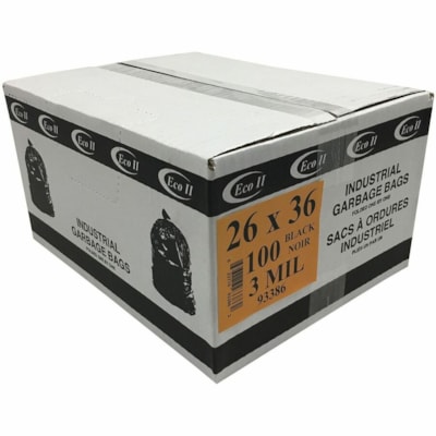 ECO II Industrial Garbage Bags, Black, 3 Mil, 26" x 36" , Case of 100 - 26" (660.40 mm) Width x 36" (914.40 mm) Length x 3 mil (76 Micron) Thickness - Black - Plastic - Industrial Trash, Garbage - Recycled - 100 / Case 100 BAGS PER CASE 