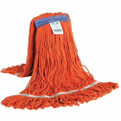 Globe Syn-Pro Synthetic Narrow Band Wet Orange Looped End Mop - 16 Oz / Orange - 7" (177.80 mm) Width x 16.75" (425.45 mm) Length - Looped Ends, Tailband, Tangle Resistant, Chemical Resistant, Shrinkless, Launderable, Break Resistant, Fray Resistant - Synthetic Yarn - Orange, Blue - 16 oz (453.59 g) ANTI SHRINK SYNTHETIC YARN TAILBAND AND CHEM RESISTANT