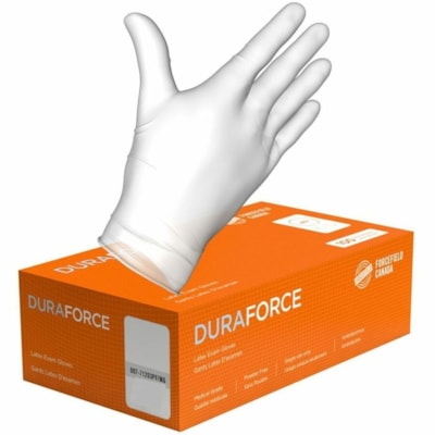 Gants d'examen Duraforce - Jetable - Sans poudre Forcefield - épaisseur de gant 5 mil (0.13 mm) - X-Large Taille - Latex - Blanc - Pour Éxamination, Multilingual Pack - 1000 Étui - 100 / boîte CLASS 2 MED. DEVICE 100/BOX POWDER-FREE