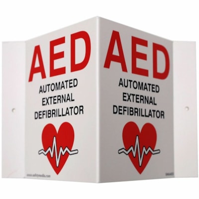 Safety Media 3D Automated External Defibrillator (AED) Plastic Sign - Print/Message "AED Automated External Defibrillator (Heart Symbol)" - 5" (127 mm) Width x 6" (152.40 mm) Height - Convex Shape - Black, Red Print/Message Color - Mounting Hole, Pre-printed - Indoor, Outdoor, First Aid, Sign - Plas SELF ADHESIVE  MOUNTING UV RESISTANT PRINTING
