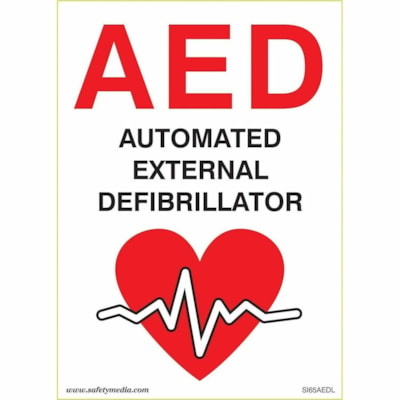 Safety Media - Print/Message "AED Automated External Defibrillator (Heart Symbol)" - Pre-printed, Self-adhesive - Indoor, Outdoor, First Aid - Plastic/ Unit SELF ADHESIVE MOUNTING UV RESISTANT PRINTING