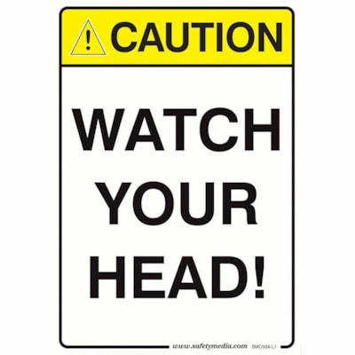 Safety Media Caution Stickers and Signs - Print/Message "Caution Watch Your Head" - 7" (177.80 mm) Width x 10" (254 mm) Height - Rectangular Shape - Yellow, Black Print/Message Color - Durable, Single Sided, Fade Resistant, Pre-printed, Anti-reflective, Adhesive - Safety, Sign - Vinyl - 1 / Unit STICKER FADE-RESISTANT 