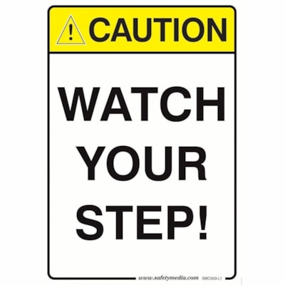Safety Media Caution Stickers and Signs - Print/Message "CAUTION WATCH YOUR STEP" - 7" (177.80 mm) Width x 10" (254 mm) Height - Rectangular Shape - Yellow, Black Print/Message Color - Durable, Single Sided, Fade Resistant, Pre-printed, Anti-reflective, Adhesive - Safety, Sign - Vinyl - 1 / Unit STICKER FADE-RESISTANT 