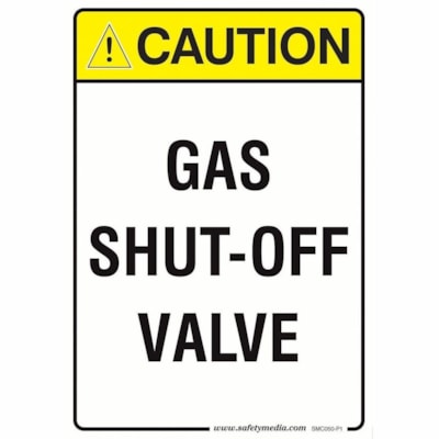 Safety Media Caution Stickers and Signs - Print/Message "Caution Gas Shut-Off Valve" - 7" (177.80 mm) Width x 10" (254 mm) Height - Rectangular Shape - Yellow, Black Print/Message Color - Durable, Single Sided, Fade Resistant, Pre-printed, Anti-reflective - Safety, Sign - Plastic - 1 / Unit PLASTIC WITH TAPE 