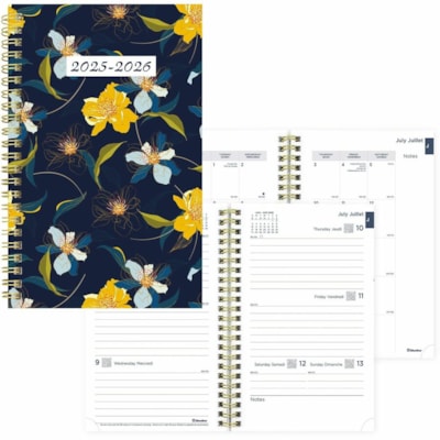 Brownline Academic Weekly Planner Blossom 2024-2025, Bilingual, CA114BPG - Academic - Weekly, Monthly - 13 Month - July 2024 to July 2025 - 1 Week Double Page Layout - 5" (127 mm) x 8" (203.20 mm) Sheet Size - Twin Wire - Multicolor - Paper - Blossom Navy Poly Cover - Monthly Planner, Ruled, Sticker  