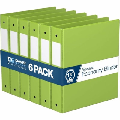 Davis Premium Economy, Round Ring, Binder, 6 Pack (Lime Green, 1.5") - Letter - 8 1/2" (215.90 mm) x 11" (279.40 mm) Sheet Size - 275 Sheet Capacity - 3 x 1.50" (38.10 mm) Ring(s) - Fastener(s): Round Ring - Pocket(s): 2, Internal - Polypropylene - Lime Green - 6.25 lb (2834.95 g) - Spine Label, PVC een 