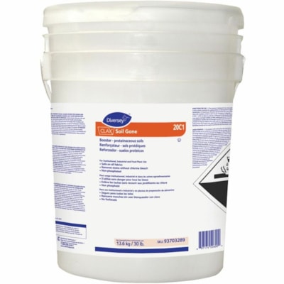 Diversey - Clax soil gone renforçateur - sols protéiques, 30 lb - Pour Polyvalents - Concentré - Granule - 29,98 lb (13600 g) - 11,37 à 99 pH - Caractéristique Arôme - Enzyme activée, Sans phosphate, Kasher, Sans eau de Javel, Sans chlore - Blanc cassé  1 X / 13.6 KG 