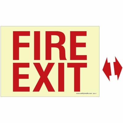 Safety Media Photoluminescent (Glow-In-The-Dark) Fire Exit Sign With Arrows - "FIRE EXIT" , "(ARROW SYMBOL)" Print/Message - 14" (355.60 mm) Width x 10" (254 mm) Height - Rectangular Shape - Red Print/Message Color - Durable, Double-sided Tape, Easy Installation, Non-toxic, Washable, Pre-printed, Ea PHOTOELUMINESCENT-DOESN'T REQU ELECTRICAL POWER BUT USES LIGH