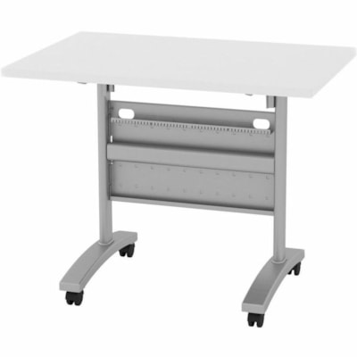 HDL Flip Top Mobile Training Table - Band Edge - Material: Thermofused Laminate (TFL), Metal - Finish: Pure White, Silver - Laminate Table Top - Flip Top, Mobility, Durable, Edge Banding, Modesty Panel, Cable Management, Heavy Duty, Locking Casters, Cord Management - For Training, Commercial 35.5"W X 23.75"D X 29"H PURE WHITE / METALLIC