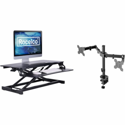 Élévateur de bureau multiusage Hauteur réglable Rocelco - Jusqu'à 27 po Support d'écran - 30 lb (13607,77 g) Capacité de charge - 31,50 po (800,10 mm) Largeur - Noir - Pour Moniteur, Ordinateur Portable - Adjustable, Plateau à clavier, Ergonomique  Riser/Standing Desk Converter -Dbl monitor