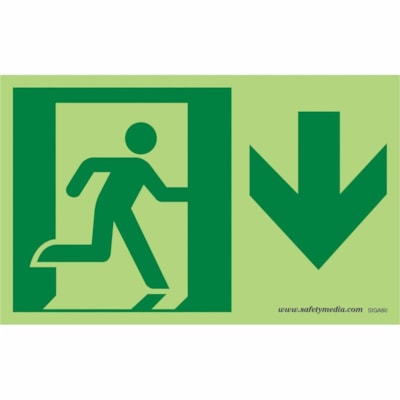 Safety Media - Print/Message "Running Man" , "EXIT (ARROW DOWN)" - Durable, Double-sided Tape, Easy Installation, Non-toxic, Washable, Pre-printed, Easy to Use, Easy to Clean, Glow-in-the-dark, Non-radioactive, Explosion Proof - Safety, Sign - Photoluminescent Plastic/ Unit PHOTOELUMINESCENT-DOESN'T REQU ELECTRICAL POWER BUT USES LIGH