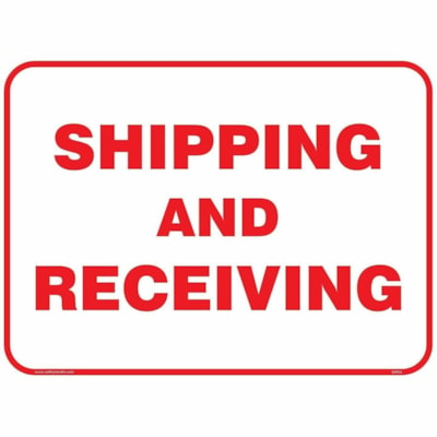 Safety Media Shipping and Receiving Sign - "Shipping and Receiving" Print/Message - 24" (609.60 mm) Width x 18" (457.20 mm) Height - Rectangular Shape - Red Print/Message Color - Single Sided, Durable, Pre-printed, Anti-reflective - Sign - Aluminum - 1 / Unit ALUMINUM FOR DURABILITY UV RESISTANT PRINTING