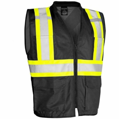 Forcefield Hi Vis Traffic Safety Vest, Black, L/XL - Large/Extra Large Size - Zipper Closure - 4 Pocket(s) - Polyester - Black - Front Zipper Closure, Cargo Pocket, Padded Collar, Comfortable, Retroreflective - 1 / Unit FRNT ZIPPER CLOSURE  MESH BACK CSA Z96-15 CLASS 1 LEVEL 2