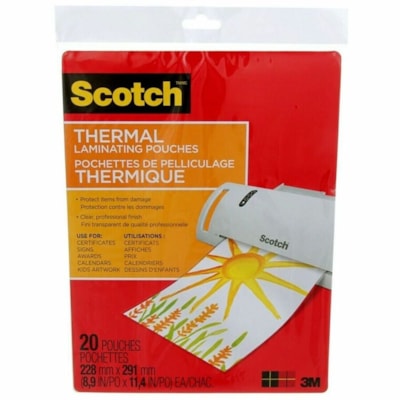 Scotch Thermal Laminating Pouches TP3854-20-C, 228 mm x 291 mm, 20/Pack - Sheet Size Supported: Letter 8.50" (215.90 mm) Width x 11" (279.40 mm) Length - Laminating Pouch/Sheet Size: 8.98" (228 mm) Width x 11.46" (291 mm) Length x 3 mil (0.08 mm) Thickness - Glossy - for Document, Classroom, Home, L TP3854-20-C 9INX11.5IN (228MMX291MM)