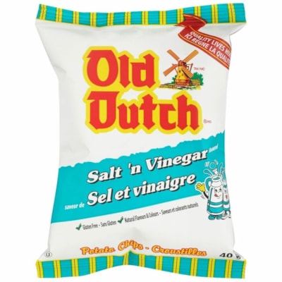 Old Dutch Foods Salt'n Vinegar - Trans Fat Free, Cholesterol-free, Gluten-free, No MSG, Individually Wrapped - Salt & Vinegar, Natural - 40 g - 40 / Carton  