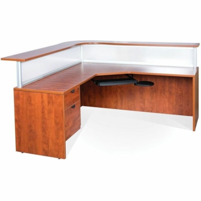 HDL Innovations Desk/Return/Pedestal Set - Box, File Drawer(s)Left Side - Band Edge - Material: Wood, Polycarbonate, Powder Coated Aluminum, Aluminum - Finish: Autumn Maple - Durable, Ball Bearing Slides, Left-handed Configuration, Edge Banding - For Reception Area, File AUTUMN MAPLE FINISH 77"W X 77"D X 43"H