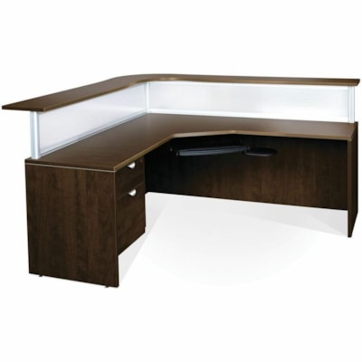 HDL Innovations Desk/Return/Pedestal Set - Box, File Drawer(s) - Band Edge - Material: Powder Coated Aluminum, Wood, Polycarbonate - Finish: Evening Zen - Left-handed Configuration, Edge Banding, Ball Bearing Slides, Durable - For Reception Area, File EVENING ZEN FINISH 77"W X 77"D X 43"H