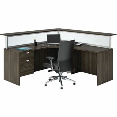 HDL Innovations Corner Desk - Material: Powder Coated Aluminum, Wood - Finish: Gray Dusk - Edge Banding, Ball Bearing Slides, Durable - For Reception Area GREY DUSK FINISH 77"W X 77"D X 43"H