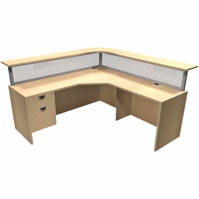 HDL Innovations Desk/Return/Pedestal Set - File, Box Drawer(s) - Band Edge - Material: Powder Coated Aluminum, Wood, Polycarbonate - Finish: Hardrock Maple - Edge Banding, Ball Bearing Slides, Durable, Left-handed Configuration - For Reception Area, File HARDROCK MAPLE FINISH 77"W X 77"D X 43"H