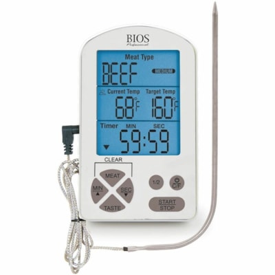 BIOS Professional - Thermomètre à viande et minuteur de qualité - 14 °F (-10 °C) à 572 °F (300 °C) - Arrêt automatique, Minuterie, Alarme - Pour Viande, B¿uf, Poulet, Turquie, Four, Barbecue, Cuisson - Blanc 6 SÉLECTION DE VIANDE 2 SONDE 