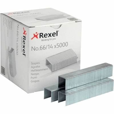Rexel No. 66/14 Staples - Box of 5000 - Heavy Duty - 66/14 - 35/64" (14 mm) Leg - Holds 100 Sheet(s) - for Paper - Heavy Duty - Silver - Steel - 5000 / Box CAPACITY 150 SHEETS 5000/BOX 900XD & 390 STAPLER