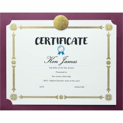 St. James® Elite Letter Recycled Certificate Holder - 8 1/2" (215.90 mm) x 11" (279.40 mm) - Cover Stock - Burgundy, Gold - 30% Recycled - 25 / Pack  ST JAMES MEDALLION 25PK 30%PCW  FSC