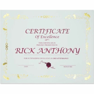 St. James® Premium Certificate - 65 lb (29483.50 g) Basis Weight - "Certificate of Excellence" - Ivory - 15 / Pack  GOLD FOIL ON LINEN PAPER LAUREL STYLE - 15/PK